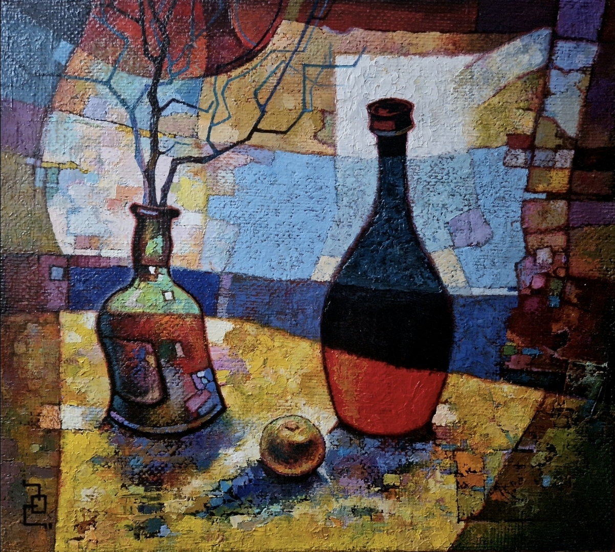 Still life with black bottle